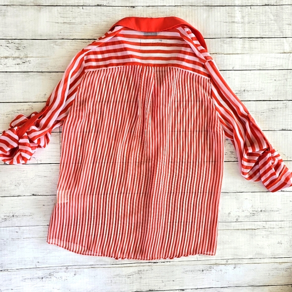 Me Sense Bright Orange & White Striped Collar Sheer Chiffon Button Up Blouse Top - Picture 5 of 11